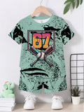 Fashionable and Cool Baseball Element No. 67 Printed Round-neck T-shirt and Shorts