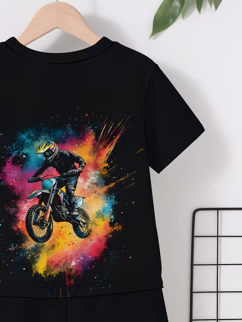 Colorful Motorcycle Pattern 3D Print Design, Short-Sleeve Pullover Shirt