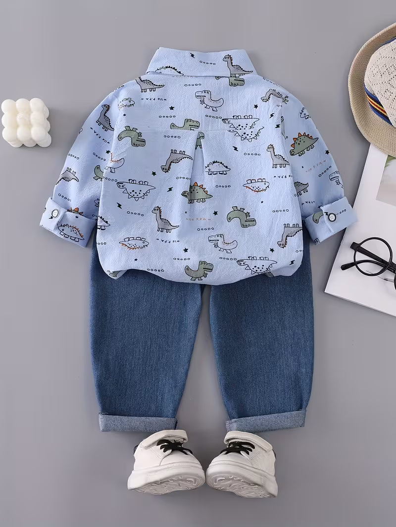 Boys' Dinosaur Print Set with Pocket Long-Sleeve Shirt and Denim Long Pants Sky Blue
