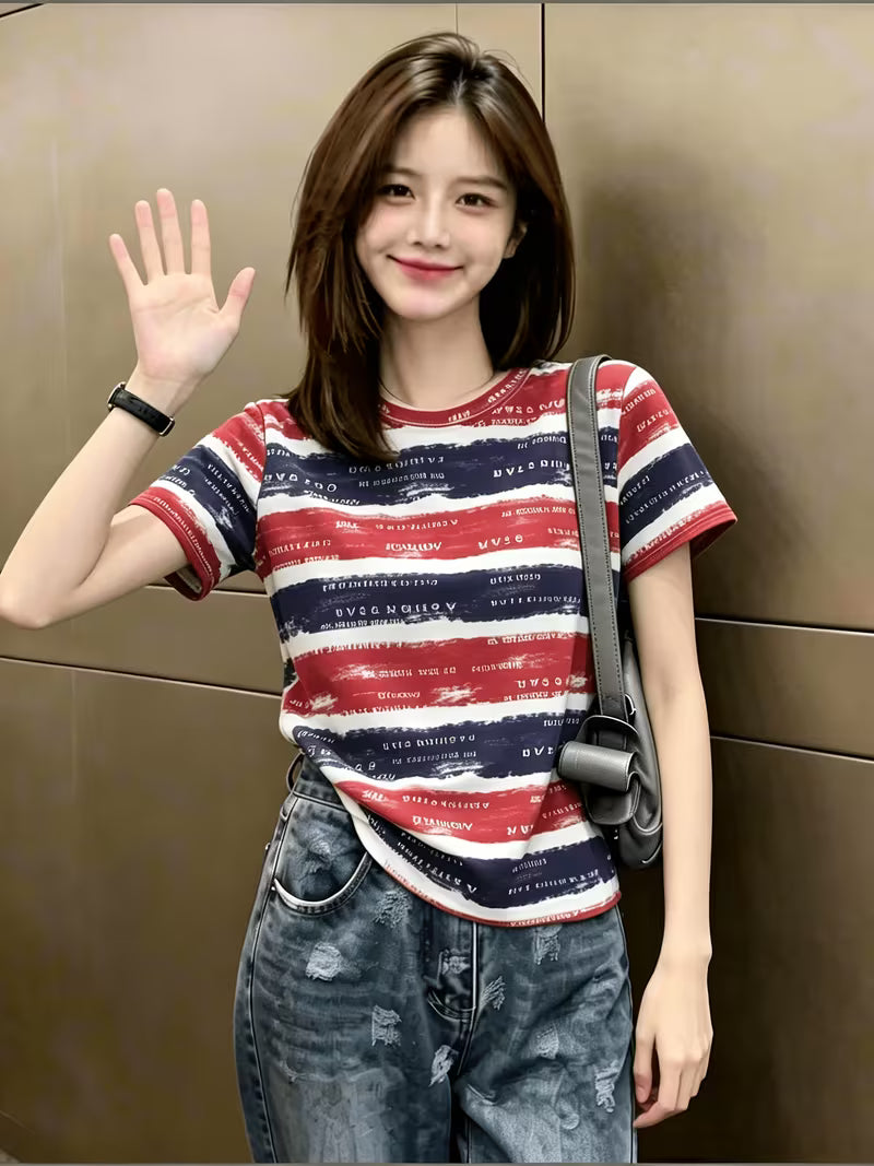 European Style Striped Short-Sleeve T-Shirt - Loose Fit Crew Neck -Compatible Top