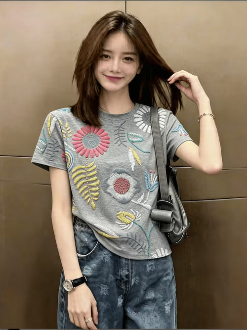 Gentle Style Gray Printed Short-Sleeve T-Shirt