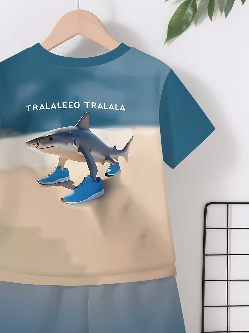 Cool Shark Print Shoes for Boys, Featuring a 3D Design, Along with a Short-Sleeve Pullover