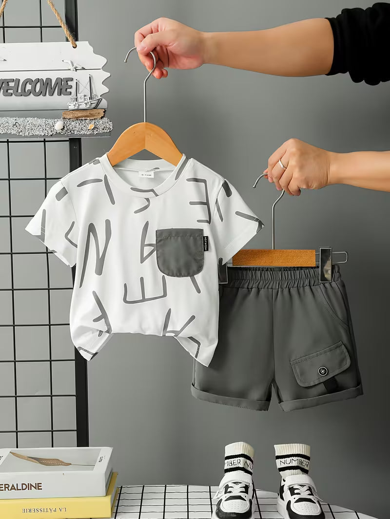 Graffiti Style Short Sleeve Set And Graffiti Print Short Sleeve T-Shirt with Matching Pocket