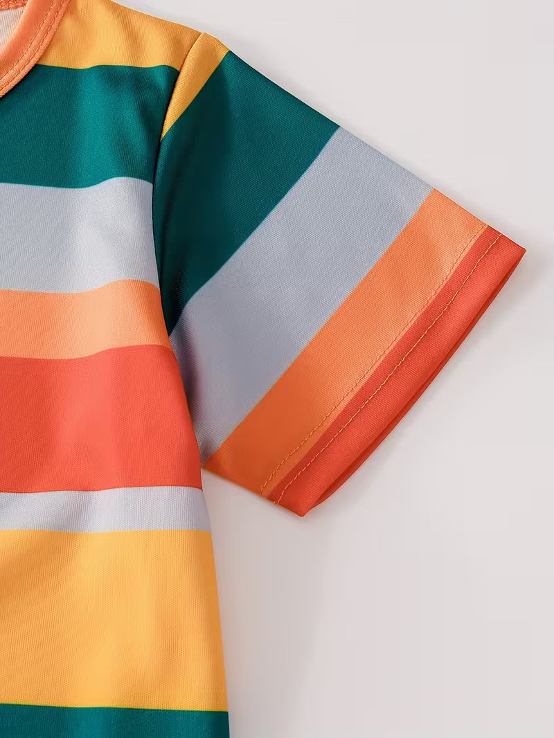 Casual Simple Round Neck Short Sleeve T-Shirt with Colorful Stripes and Solid Color Pants