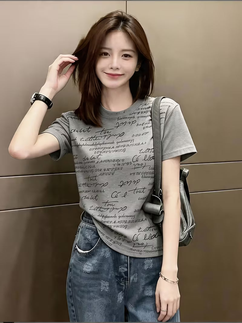 Gray Round Neck Regular Shoulder Short Sleeve Versatile Base Shirt Top