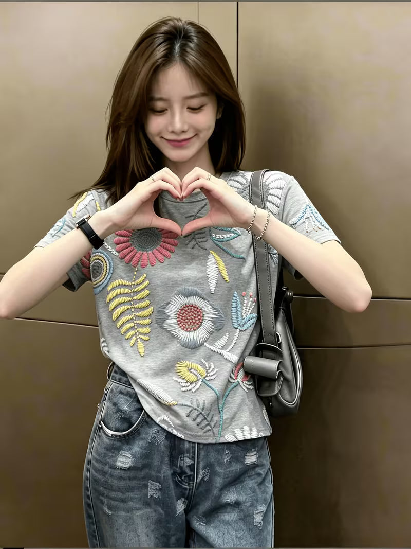 Gentle Style Gray Printed Short-Sleeve T-Shirt
