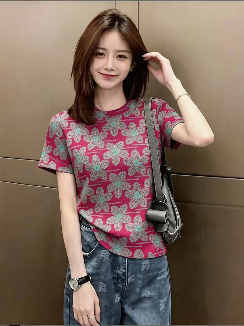 Retro Full Print Floral Crew Neck Short-Sleeved T-Shirt