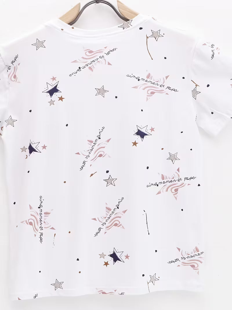 Korean Retro Printed Age-Reducing Half Sleeve Loose Casual Top