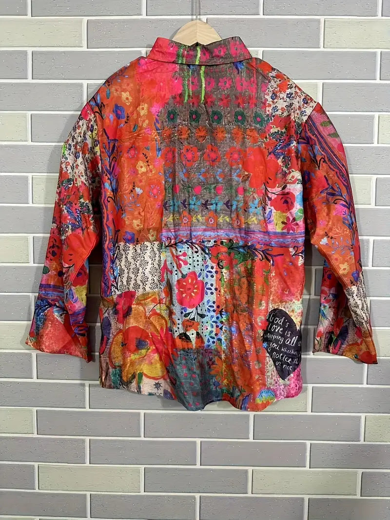 Vintage Heart Floral Art Print Casual Shirt with Pocket