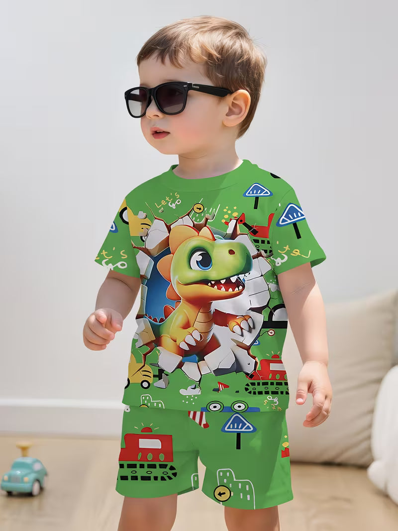 Creative Green Dinosaur Print Short Sleeve T-Shirt and Shorts Set