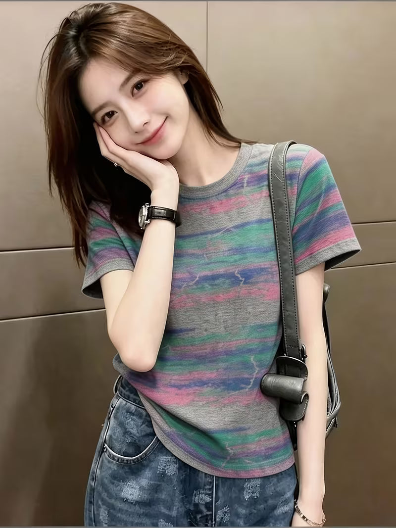 Retro Distressed T-Shirt, Striped Short-Sleeved T-Shirt Grey