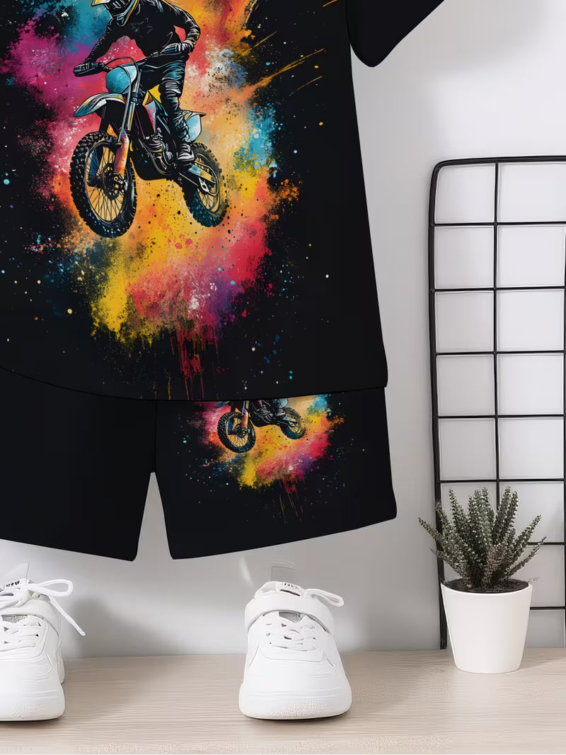 Colorful Motorcycle Pattern 3D Print Design, Short-Sleeve Pullover Shirt