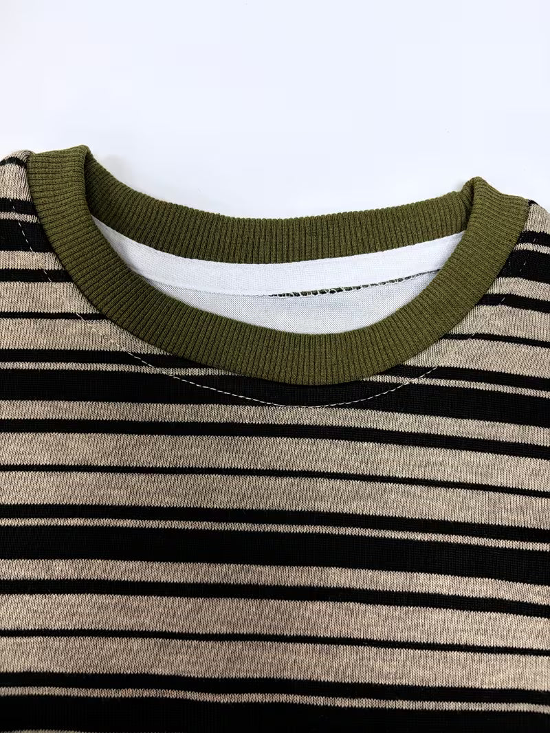 2pcs Set - Boys' Korean-style Spring-autumn Black and White Striped T-shirt + Washed Denim Pants Set Dark Green