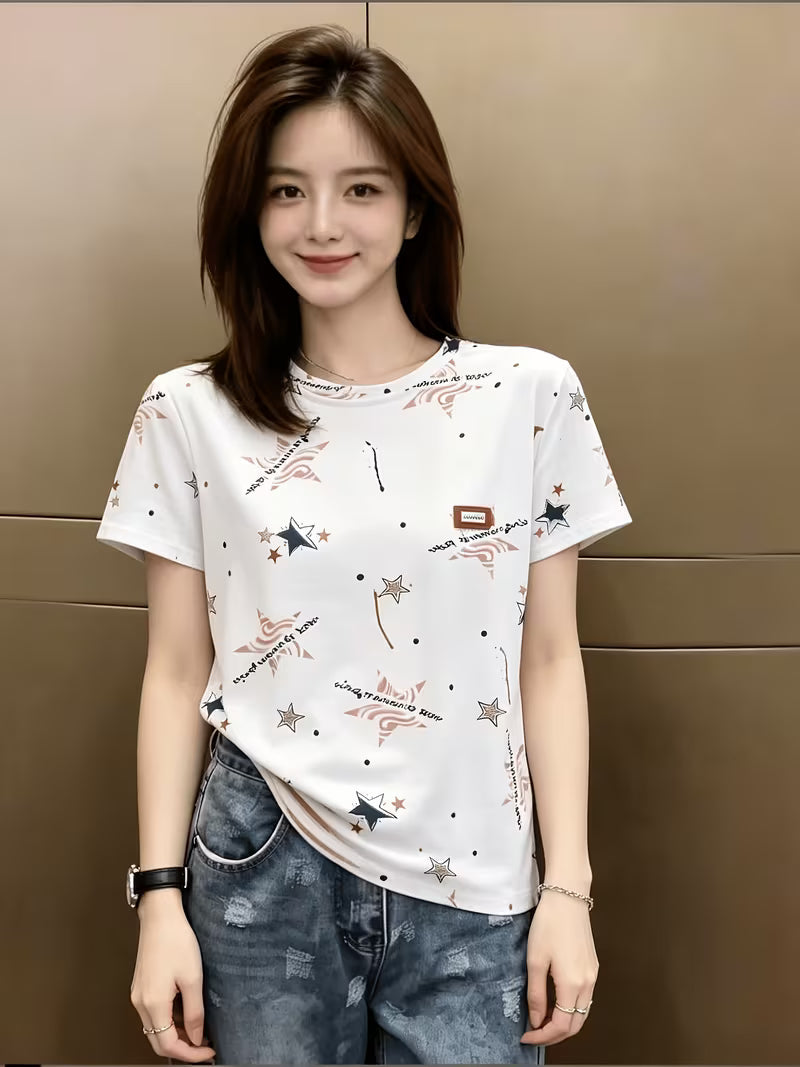 Korean Retro Printed Age-Reducing Half Sleeve Loose Casual Top