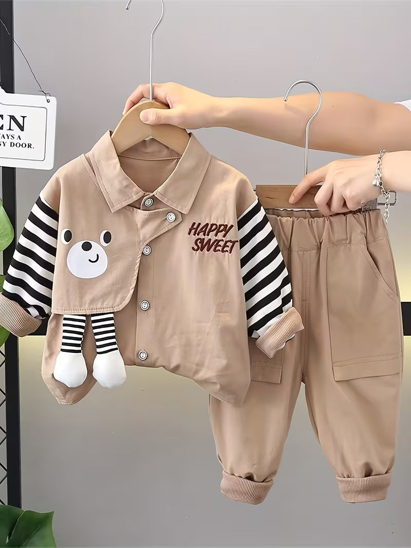 Boys' Turn- Collar Long Sleeve Bear Head Stripe Print Shirt Two-Piece Set Khaki