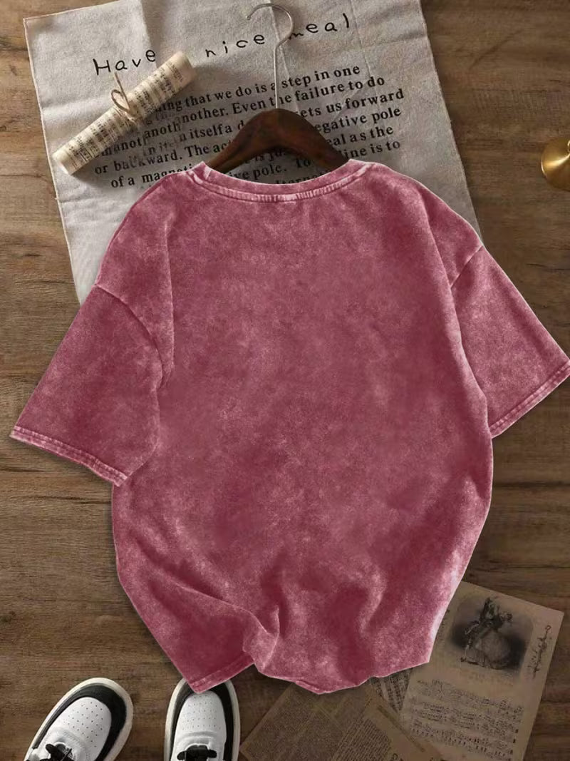 Distressed Washed T-Shirt Features a Red Rose Vintage Floral Print