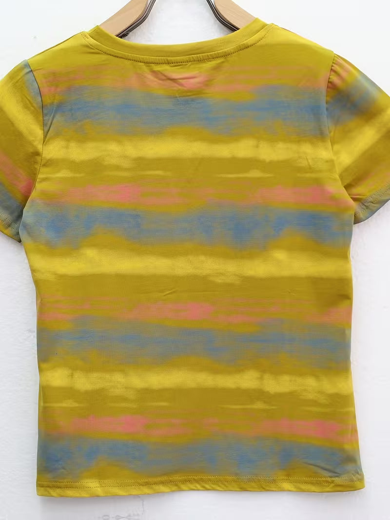 Retro Distressed T-Shirt, Striped Short-Sleeved T-Shirt Yellow
