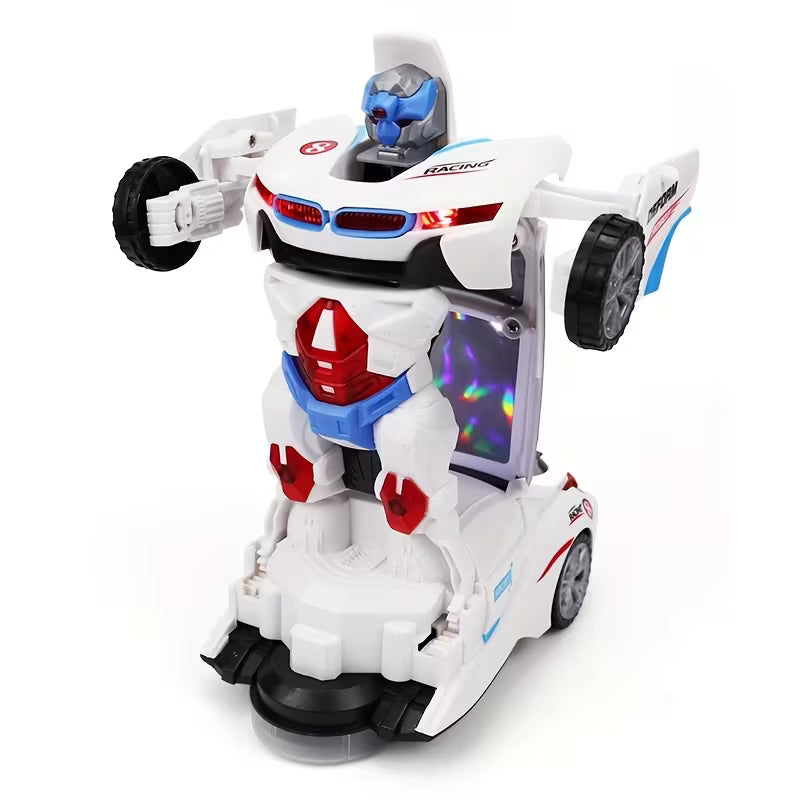 Toy Car, Cool Automatic Transforming Car Toy, White Fashionable Appearance with Cool Lights Music And Omni-Directional Turning Function, Christmas Gift Birthday Gift Party Gift Halloween Gift Holiday Gift.