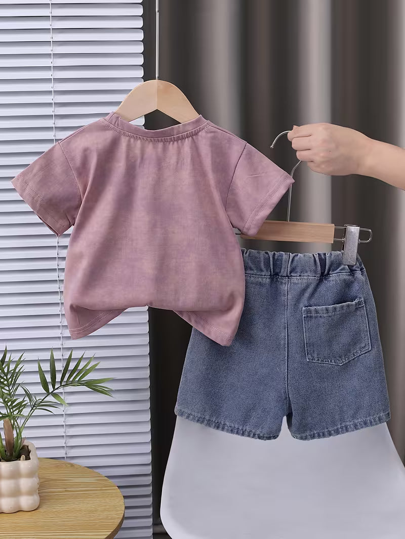 Boys' Fashionable Handsome English Print Pink Short Sleeve Round Neck T-Shirt And Denim Shorts 2pcs Set
