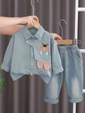 Boys' Lapel Cartoon Long-Sleeved Shirt Two-Piece Set