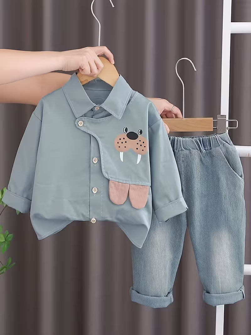 Boys' Lapel Cartoon Long-Sleeved Shirt Two-Piece Set