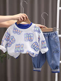 2Pcss Kids Trendy Cool Outfit Set, Full Letter Print Sweatshirt And Faux Denim White