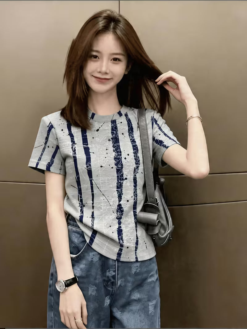 Women's Premium Ink Wash Stripe Drop Shoulder Short Sleeve T-Shirt