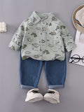 Boys' Dinosaur Print Set with Pocket Long-Sleeve Shirt and Denim Long Pants Green
