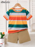 Casual Simple Round Neck Short Sleeve T-Shirt with Colorful Stripes and Solid Color Pants
