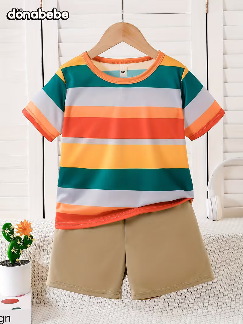 Casual Simple Round Neck Short Sleeve T-Shirt with Colorful Stripes and Solid Color Pants