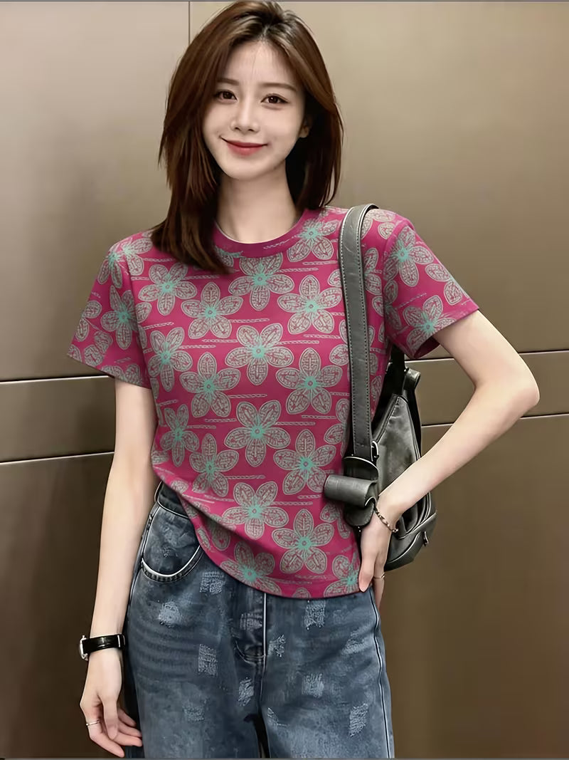 Retro Full Print Floral Crew Neck Short-Sleeved T-Shirt