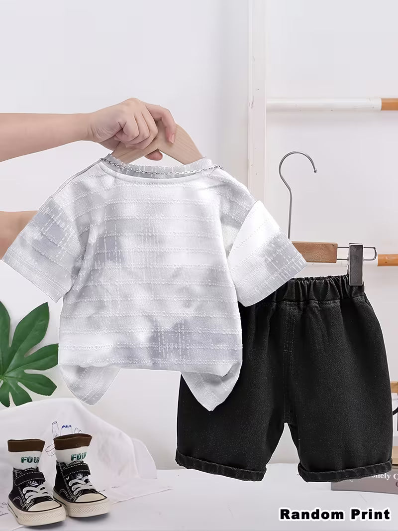 Boys' 2pcs Tie-Dye Print Set, Tie-Dye T-Shirt + Denim Shorts