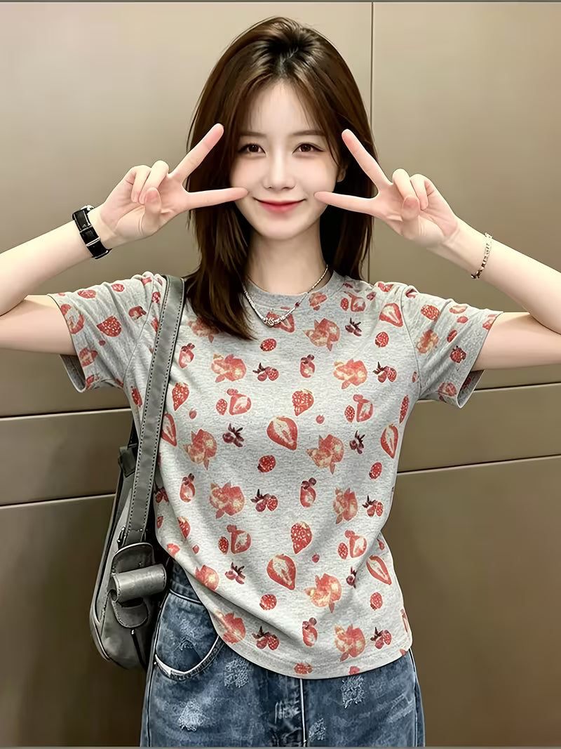 Niche Mori Style Strawberry Straight Shoulder Short-Sleeved T-Shirt