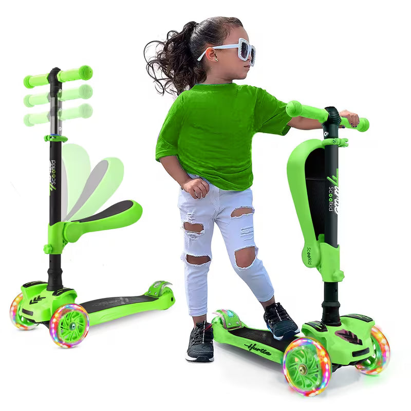 3-Wheeled Scooter for Kids, Hurtle, Wheel LED Lights, Adjustable Lean-to-Steer Handlebar, and Foldable Seat, Sit or Stand Ride with Brake for Boys and Girls Ages 1-14 Years Old, Green