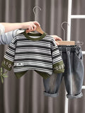2pcs Set - Boys' Korean-style Spring-autumn Black and White Striped T-shirt + Washed Denim Pants Set Dark Green