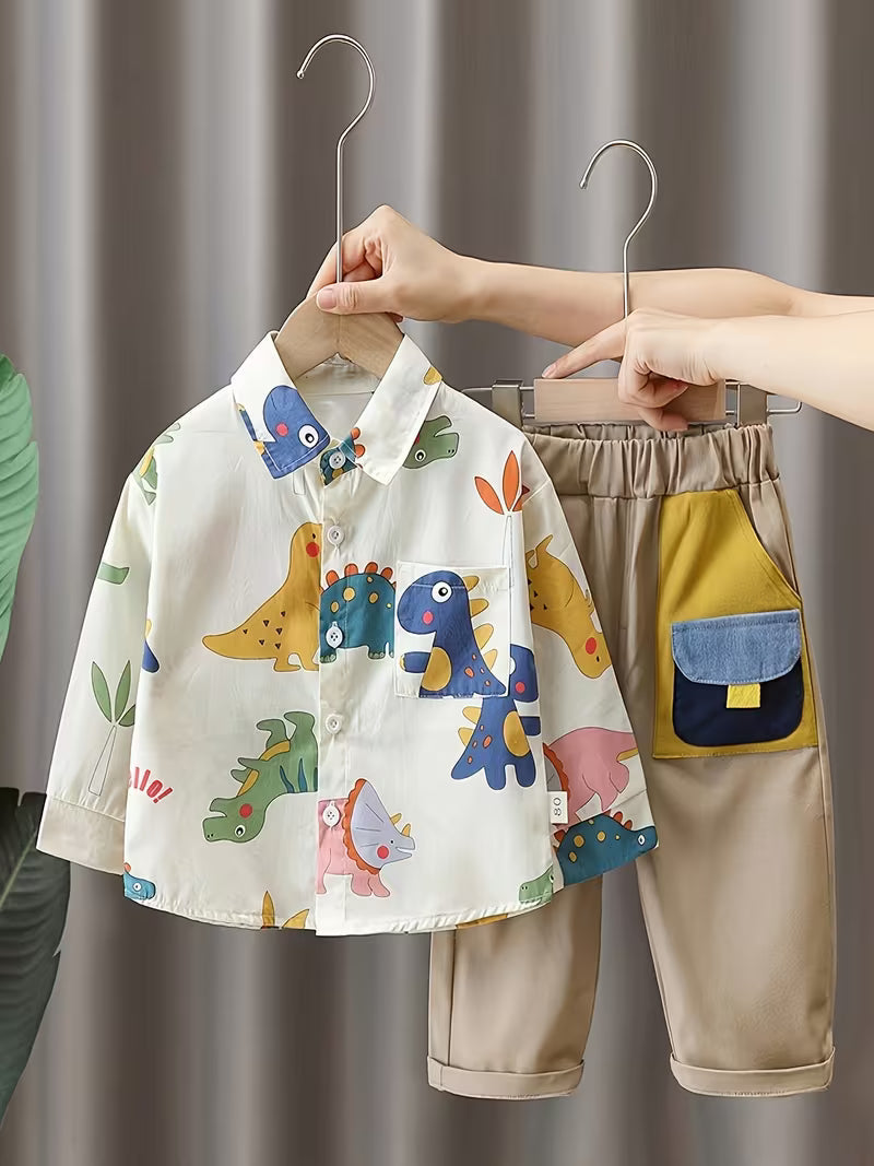 Children's Dinosaur Print Long Sleeve Shirt and Overalls Two-Piece Set