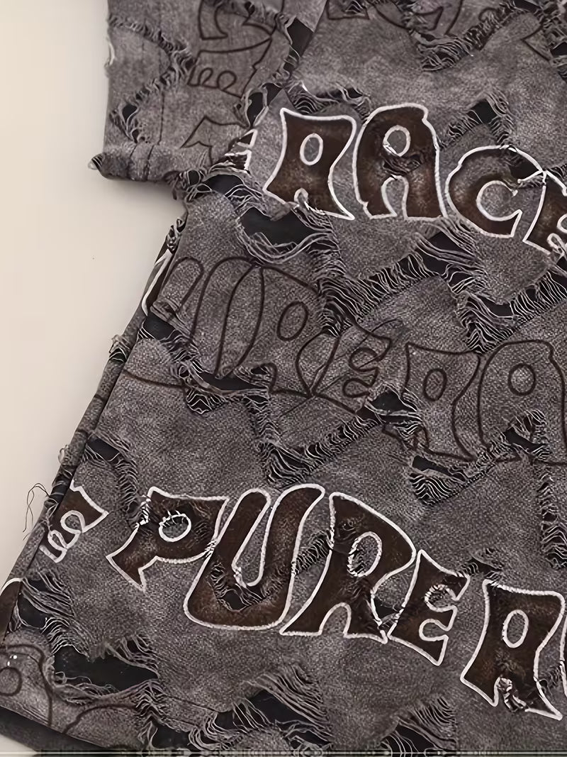 Boys' Short Sleeve And Shorts 2pcs Set, Letter Print Design Dark Gray