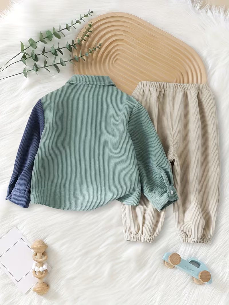 Fashion Patchwork Lapel Cardigan Button-Up Long Sleeve Top And Apricot Elastic Waist Long Pants Mixed