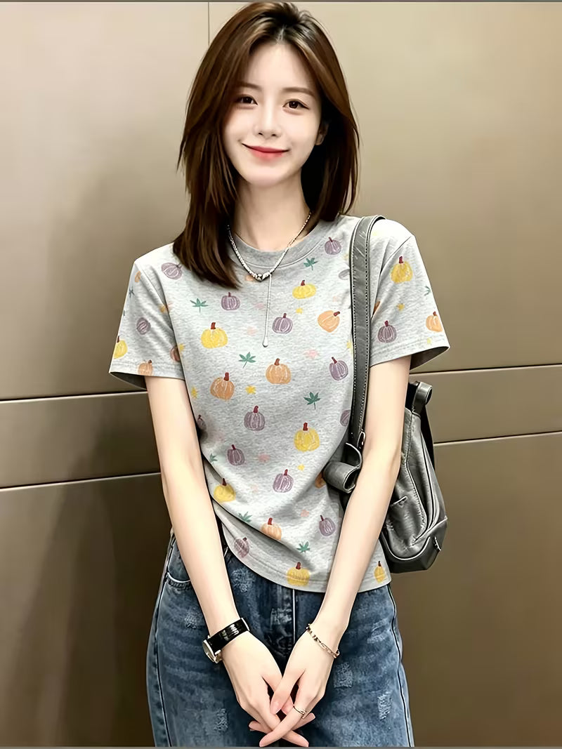 Forest-Style Energetic Pumpkin Drop-Shoulder Short-Sleeve T-Shirt