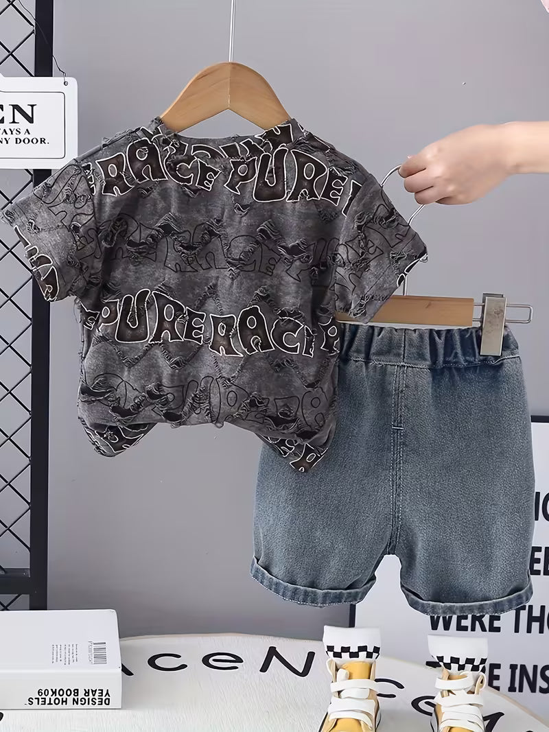 Boys' Short Sleeve And Shorts 2pcs Set, Letter Print Design Dark Gray