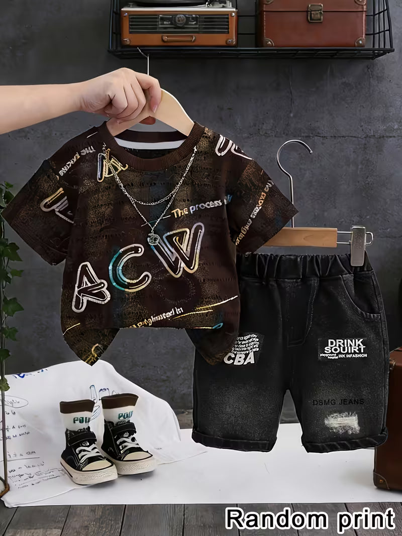 Vintage Cool 2pcs Set: Coffee Brown All-Over Gradient Letter Print