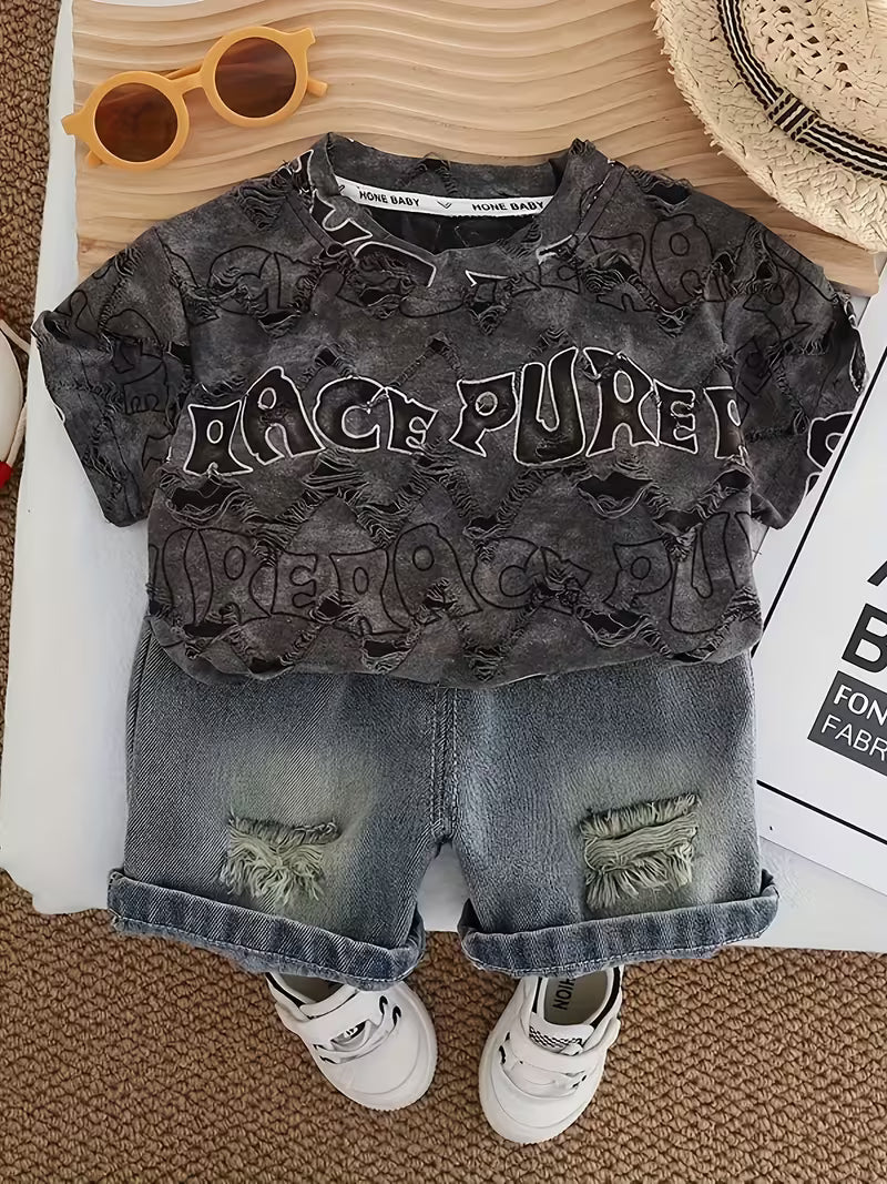 Boys' Short Sleeve And Shorts 2pcs Set, Letter Print Design Dark Gray