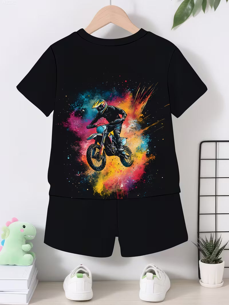 Colorful Motorcycle Pattern 3D Print Design, Short-Sleeve Pullover Shirt