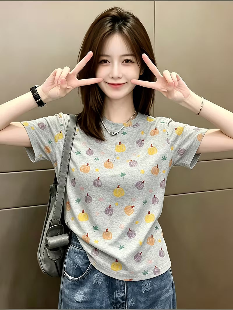 Forest-Style Energetic Pumpkin Drop-Shoulder Short-Sleeve T-Shirt