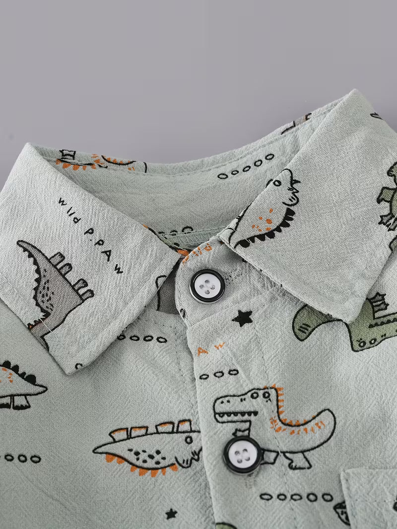 Boys' Dinosaur Print Set with Pocket Long-Sleeve Shirt and Denim Long Pants Green