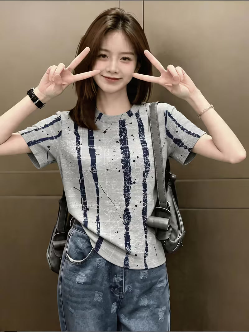 Women's Premium Ink Wash Stripe Drop Shoulder Short Sleeve T-Shirt