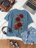 Distressed Washed T-Shirt Features a Red Rose Vintage Floral Print Blue