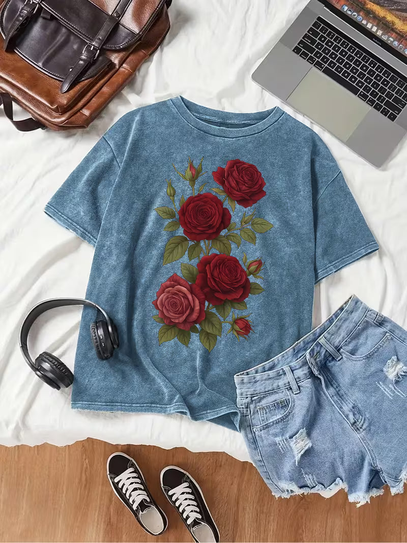 Distressed Washed T-Shirt Features a Red Rose Vintage Floral Print Blue