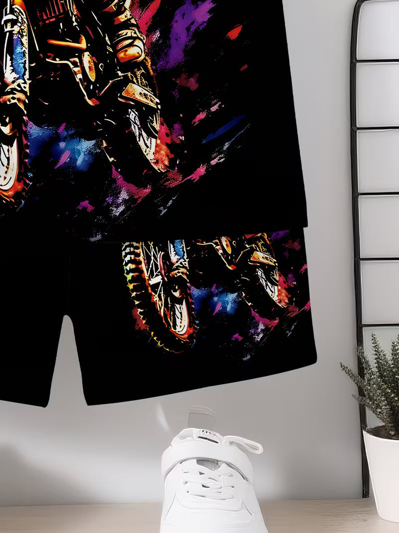 Casual Sports Fashion Cool Off-road Motorcycle Printed Round-neck T-shirt and Shorts Set