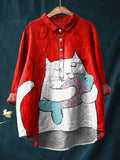 Vintage Fish & Cat Art Print Casual Shirt with Pocket